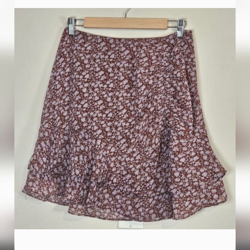 Lulu’s LUSH Always Carefree Rust Brown Floral Print Ruffled Mini Skirt Size Med